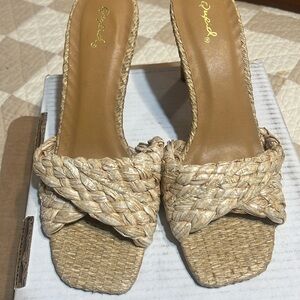 Woven nude open toe heels